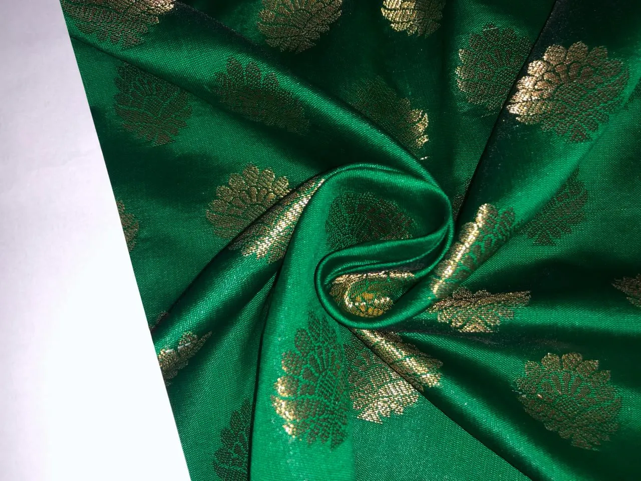 Silk Brocade fabric with Metallic gold motif Jacquard  44" wide  available in 5 colors DARK BOTTLE GREEN/ GREEN/ GOLDEN BEIGE BLUE and KINGFISHER BLUE BRO928