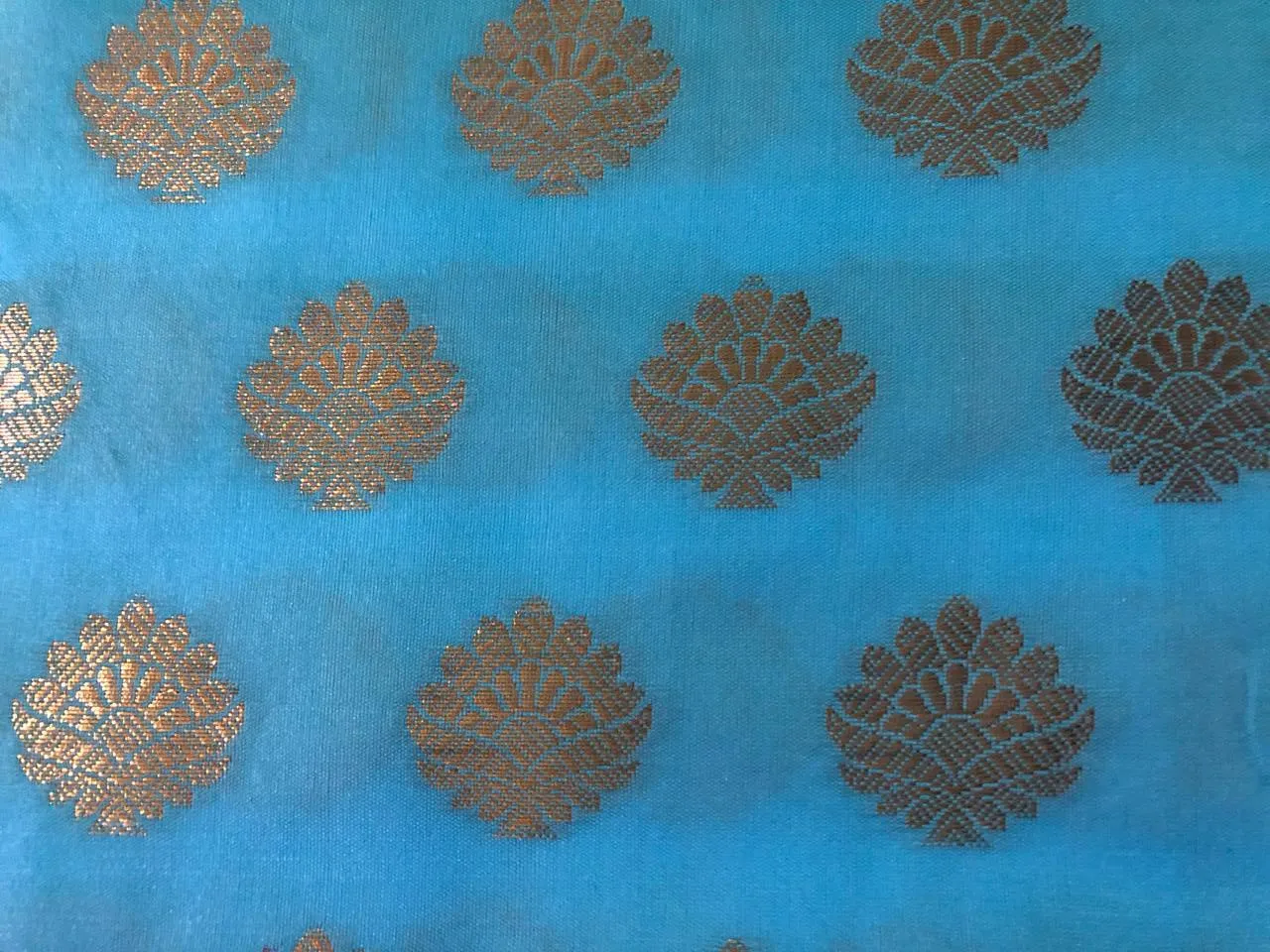 Silk Brocade fabric with Metallic gold motif Jacquard  44" wide  available in 5 colors DARK BOTTLE GREEN/ GREEN/ GOLDEN BEIGE BLUE and KINGFISHER BLUE BRO928