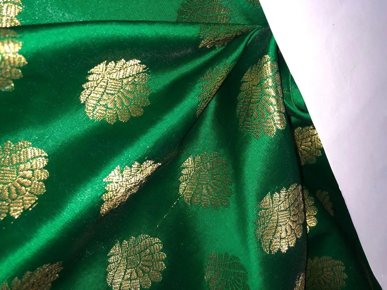 Silk Brocade fabric with Metallic gold motif Jacquard  44" wide  available in 5 colors DARK BOTTLE GREEN/ GREEN/ GOLDEN BEIGE BLUE and KINGFISHER BLUE BRO928