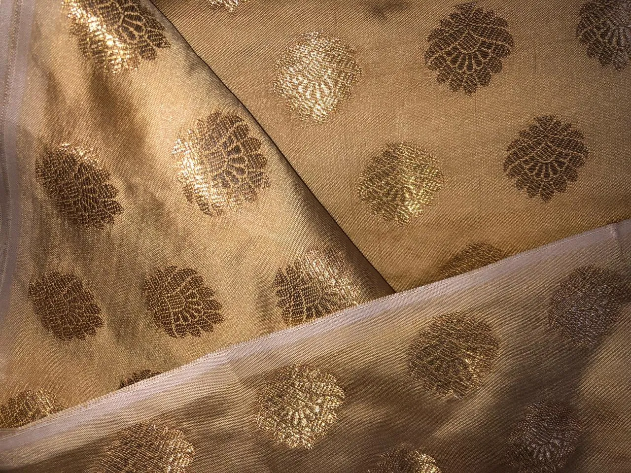 Silk Brocade fabric with Metallic gold motif Jacquard  44" wide  available in 5 colors DARK BOTTLE GREEN/ GREEN/ GOLDEN BEIGE BLUE and KINGFISHER BLUE BRO928