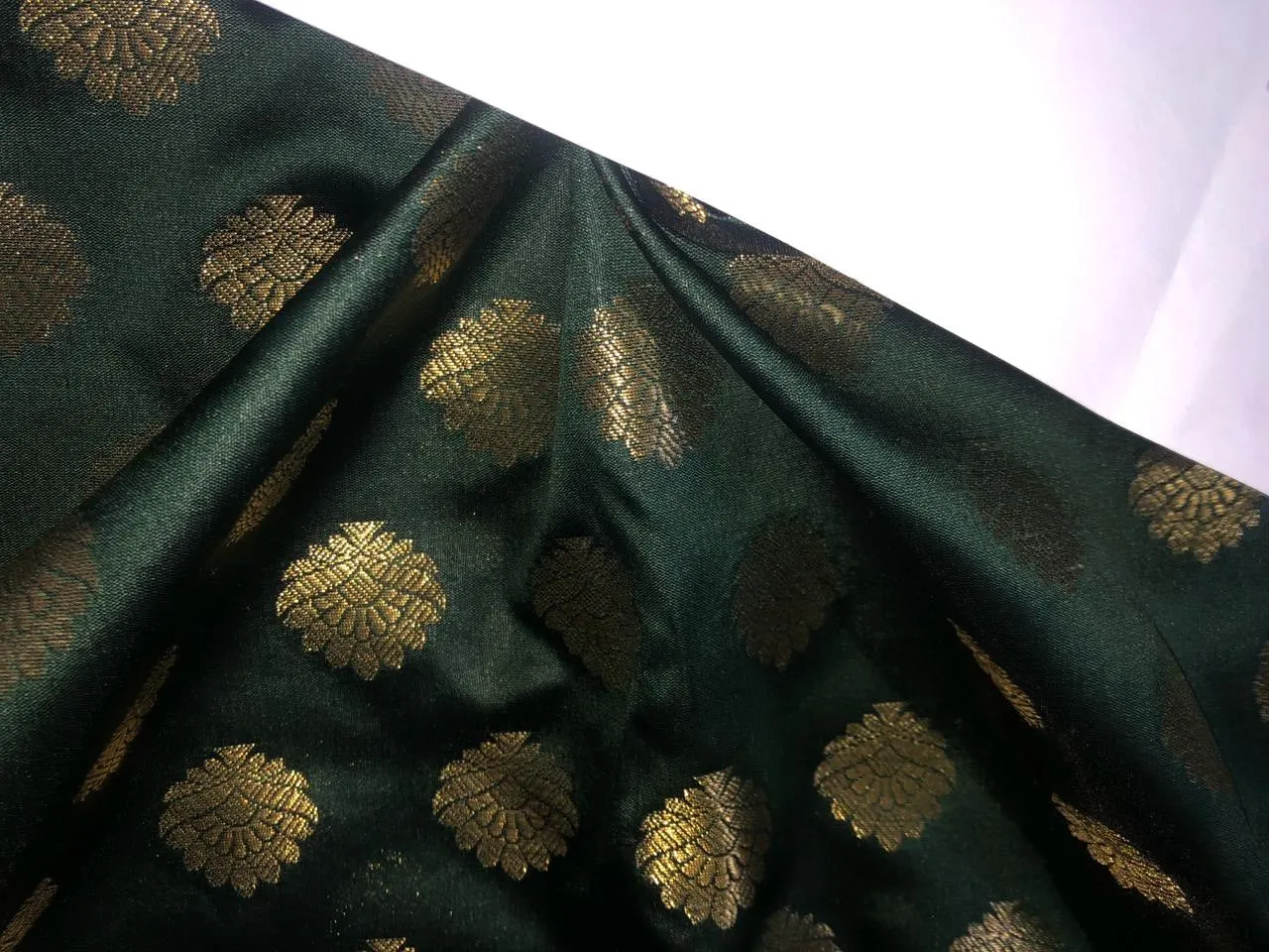 Silk Brocade fabric with Metallic gold motif Jacquard  44" wide  available in 5 colors DARK BOTTLE GREEN/ GREEN/ GOLDEN BEIGE BLUE and KINGFISHER BLUE BRO928