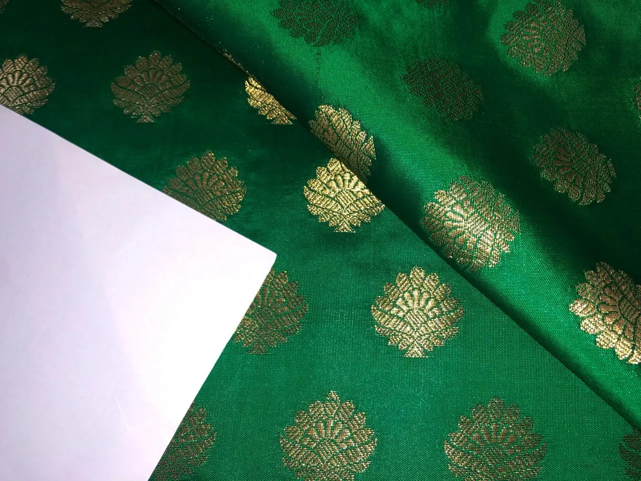 Silk Brocade fabric with Metallic gold motif Jacquard  44" wide  available in 5 colors DARK BOTTLE GREEN/ GREEN/ GOLDEN BEIGE BLUE and KINGFISHER BLUE BRO928