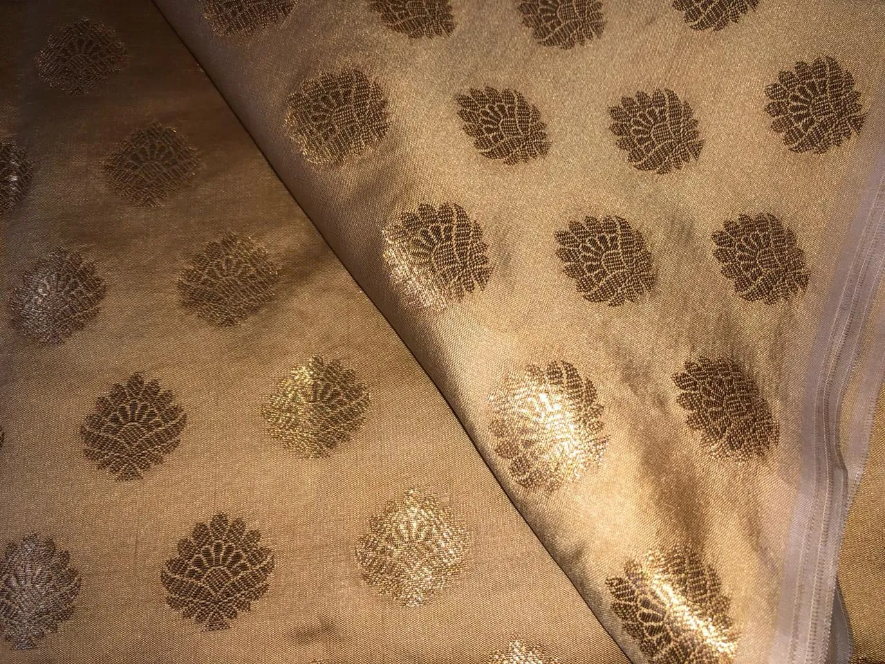 Silk Brocade fabric with Metallic gold motif Jacquard  44" wide  available in 5 colors DARK BOTTLE GREEN/ GREEN/ GOLDEN BEIGE BLUE and KINGFISHER BLUE BRO928