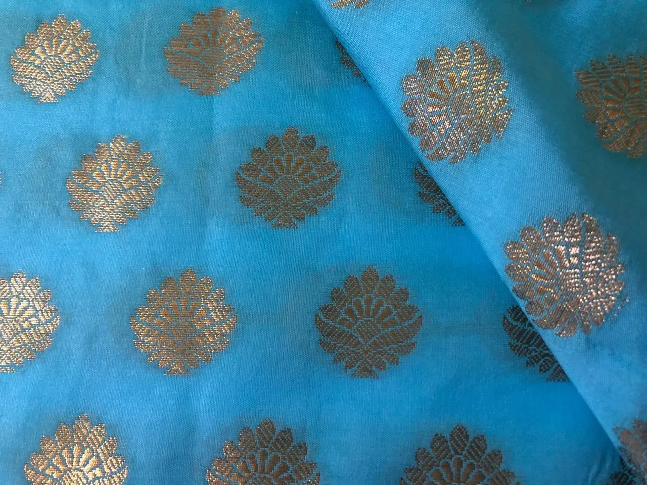 Silk Brocade fabric with Metallic gold motif Jacquard  44" wide  available in 5 colors DARK BOTTLE GREEN/ GREEN/ GOLDEN BEIGE BLUE and KINGFISHER BLUE BRO928