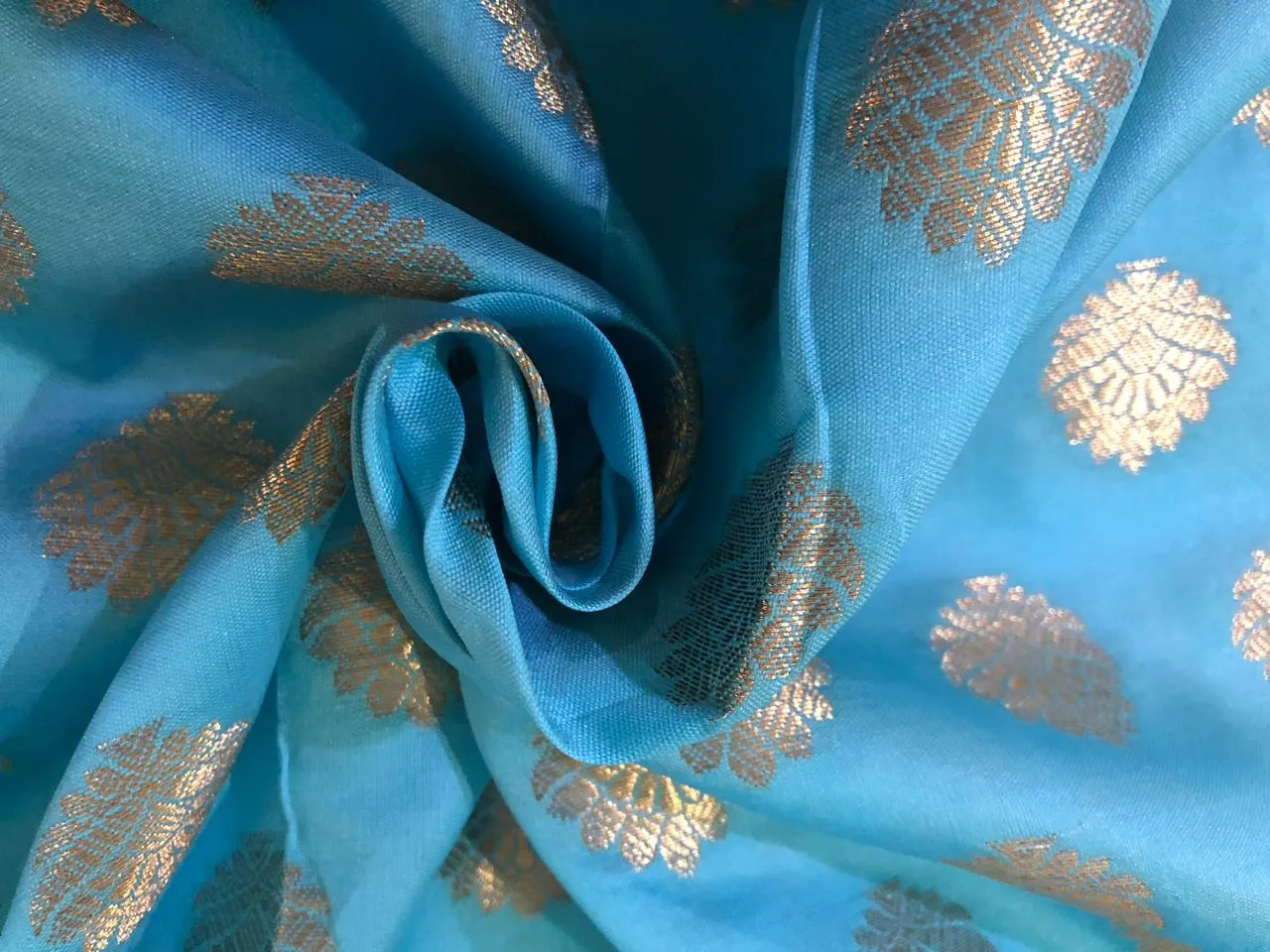 Silk Brocade fabric with Metallic gold motif Jacquard  44" wide  available in 5 colors DARK BOTTLE GREEN/ GREEN/ GOLDEN BEIGE BLUE and KINGFISHER BLUE BRO928