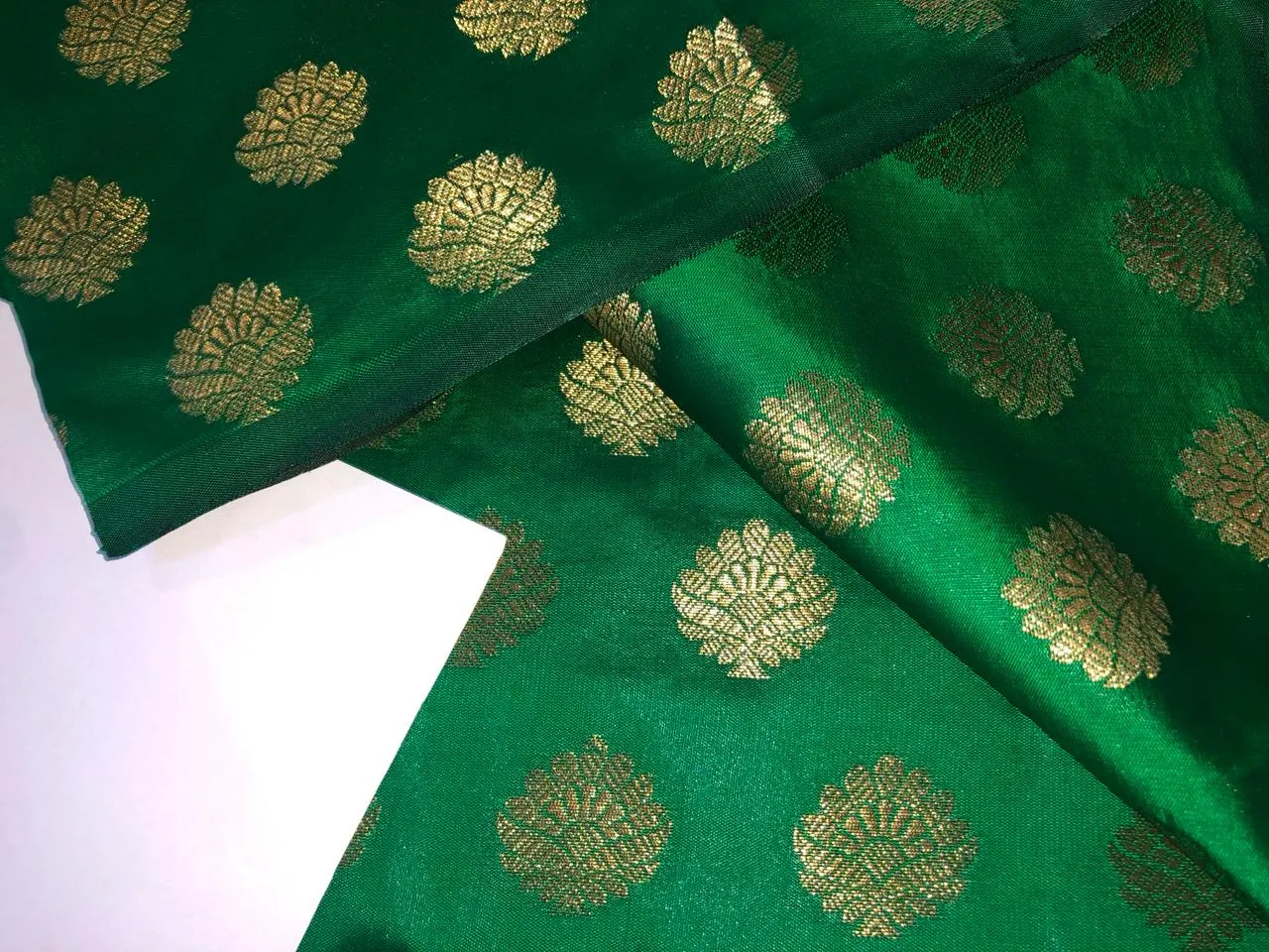 Silk Brocade fabric with Metallic gold motif Jacquard  44" wide  available in 5 colors DARK BOTTLE GREEN/ GREEN/ GOLDEN BEIGE BLUE and KINGFISHER BLUE BRO928