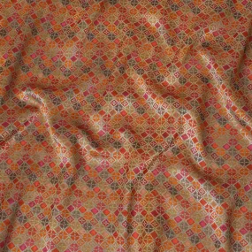 Silk Brocade Fabric with Orange, Pink, and Gold Geometric Design, 110 cm Width, Indian Origin-D19756