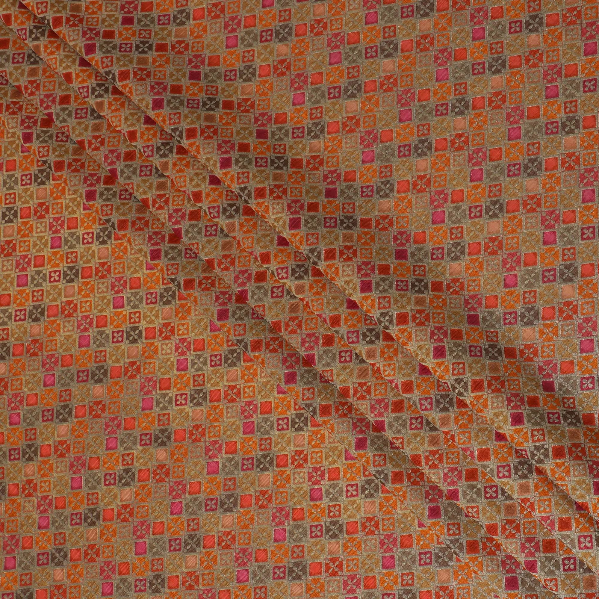 Silk Brocade Fabric with Orange, Pink, and Gold Geometric Design, 110 cm Width, Indian Origin-D19756