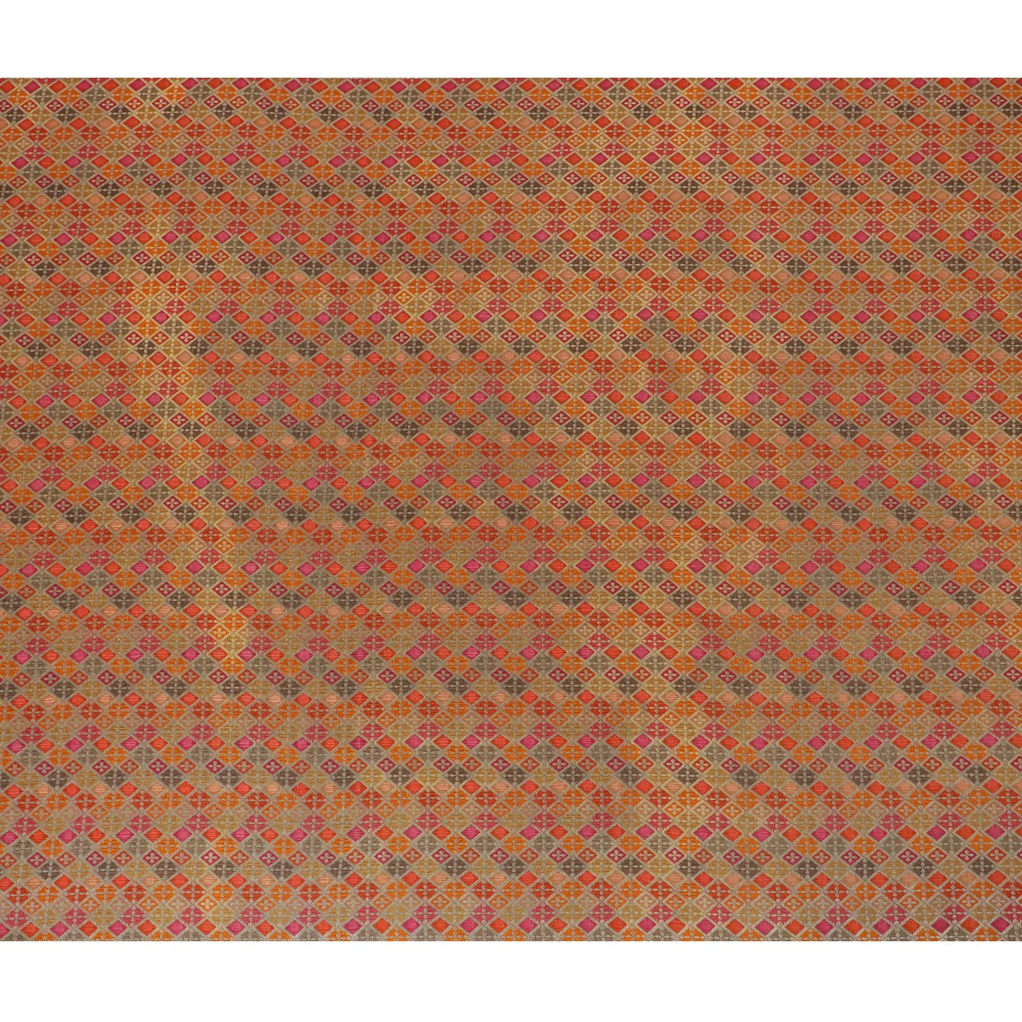 Silk Brocade Fabric with Orange, Pink, and Gold Geometric Design, 110 cm Width, Indian Origin-D19756