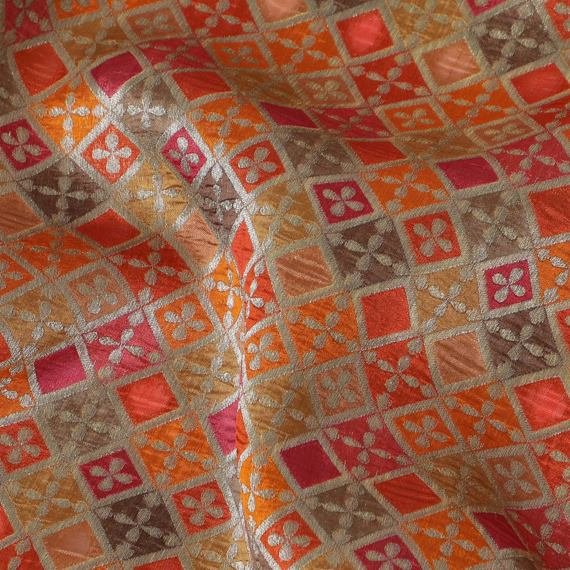 Silk Brocade Fabric with Orange, Pink, and Gold Geometric Design, 110 cm Width, Indian Origin-D19756