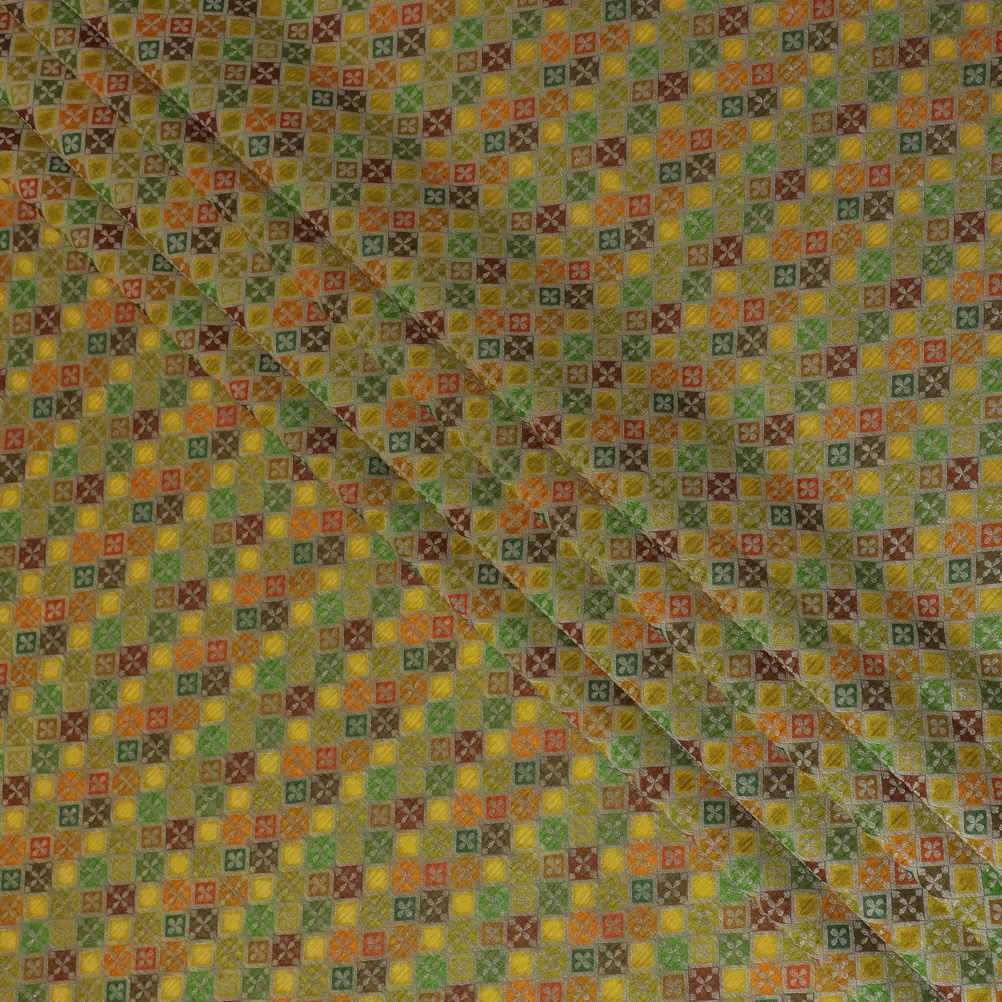 Silk Brocade Fabric with Yellow, Green, and Orange Geometric Design, 110 cm Width, Indian Origin-D19758