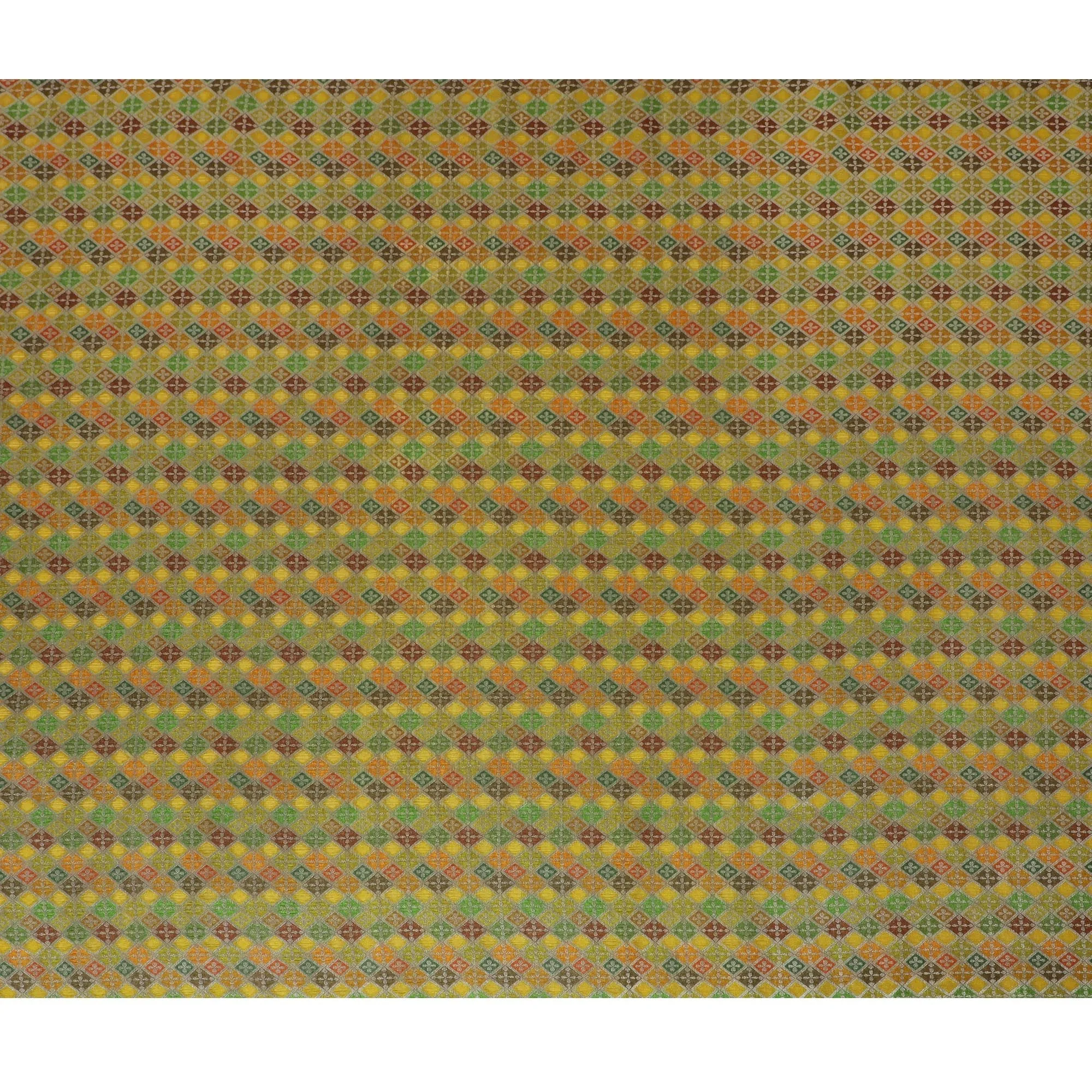 Silk Brocade Fabric with Yellow, Green, and Orange Geometric Design, 110 cm Width, Indian Origin-D19758