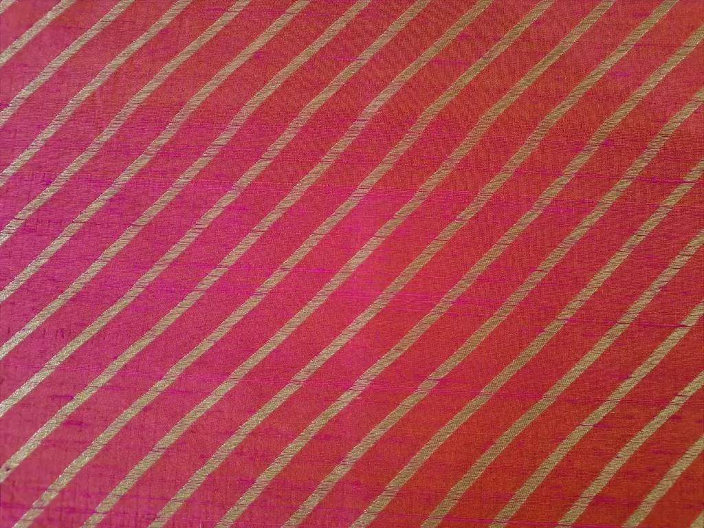 Silk Brocade in raw silk fabric Two tone pink x orange with gold metallic stripe 44" wide BRO880A[2]