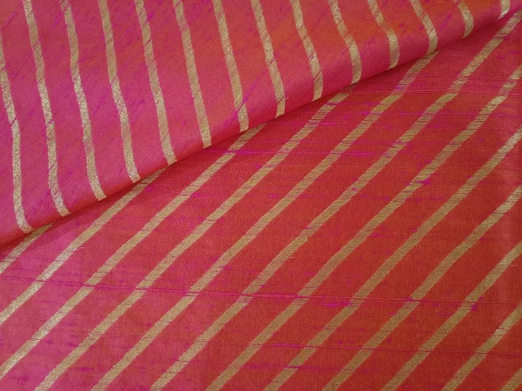 Silk Brocade in raw silk fabric Two tone pink x orange with gold metallic stripe 44" wide BRO880A[2]