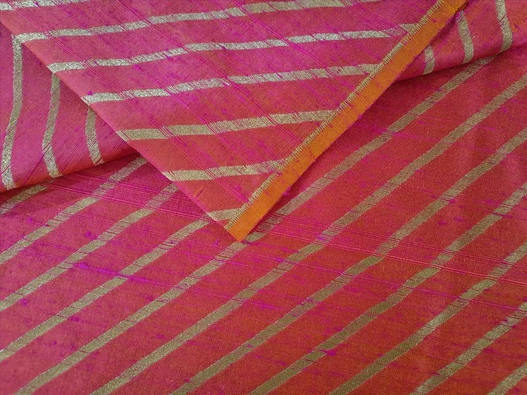 Silk Brocade in raw silk fabric Two tone pink x orange with gold metallic stripe 44" wide BRO880A[2]