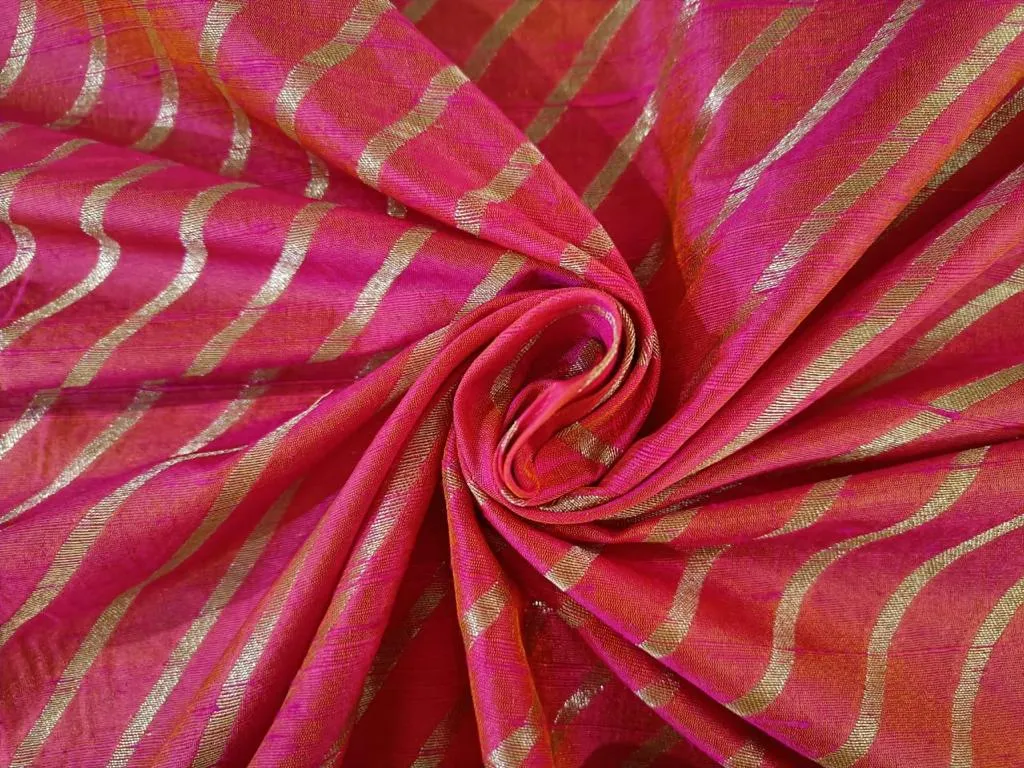 Silk Brocade in raw silk fabric Two tone pink x orange with gold metallic stripe 44" wide BRO880A[2]