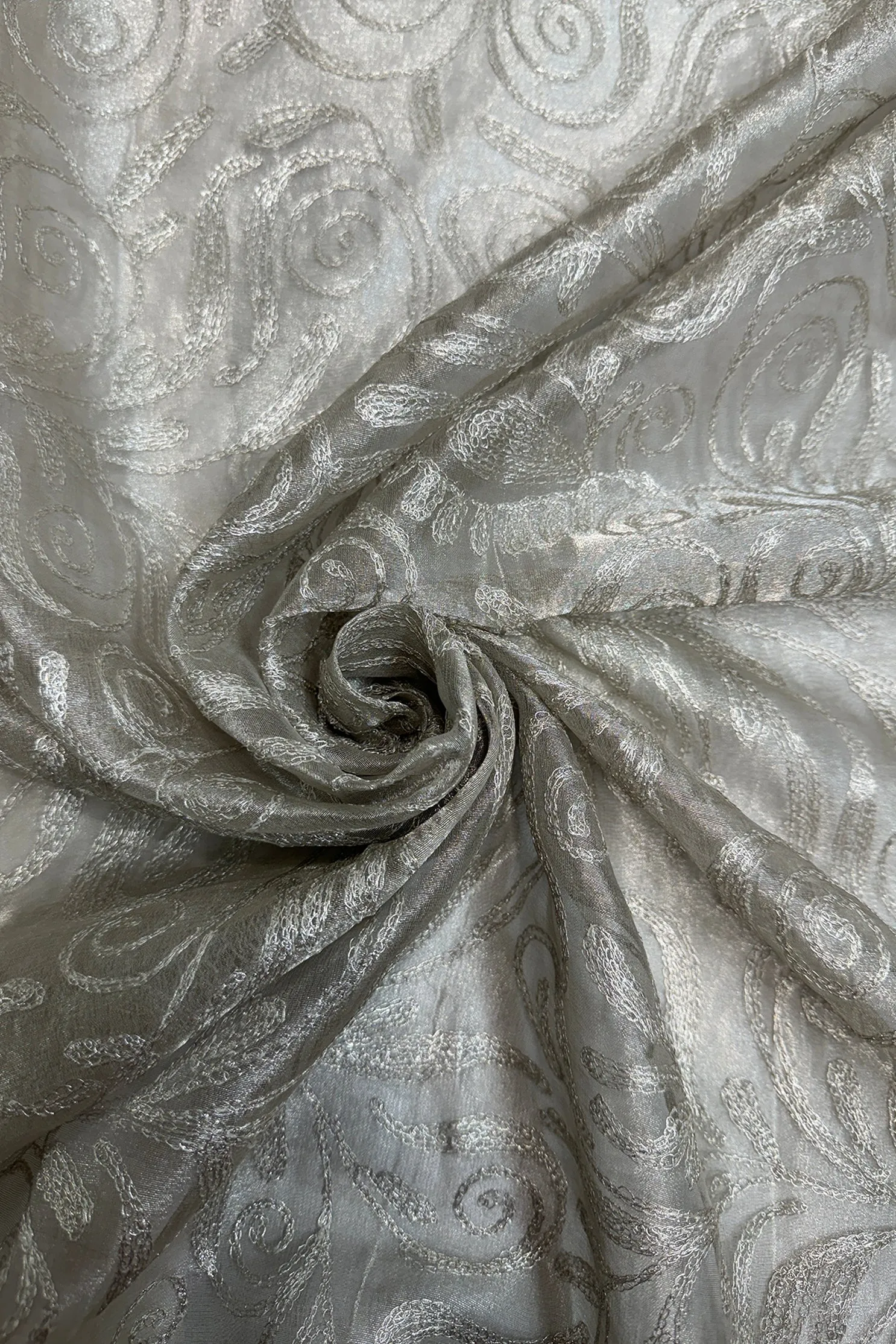 Silver Organza with Silver Paisley Thread Tissue Metallic Embroidery