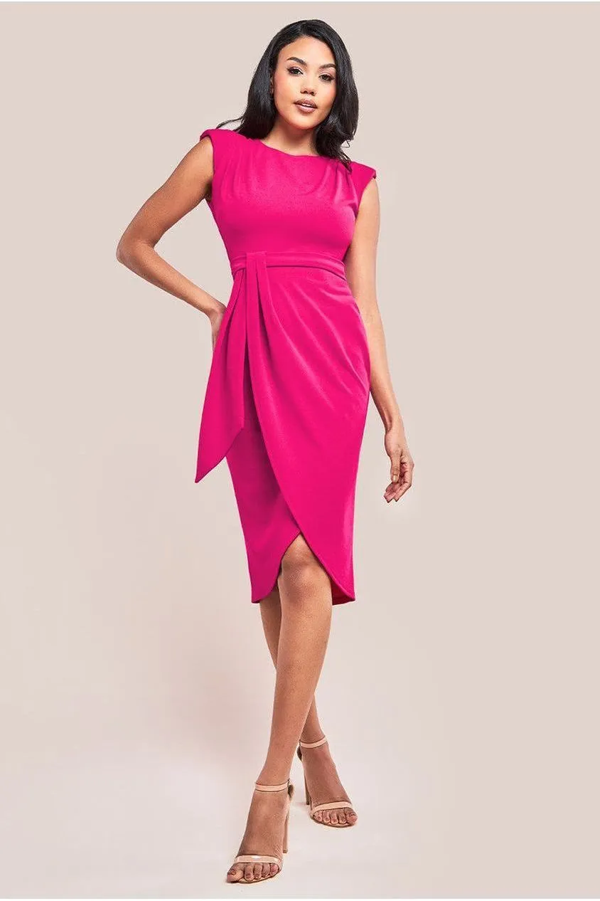 Sleeveless Asymmetric Wrap Midi Dress - Hot Pink by Goddiva