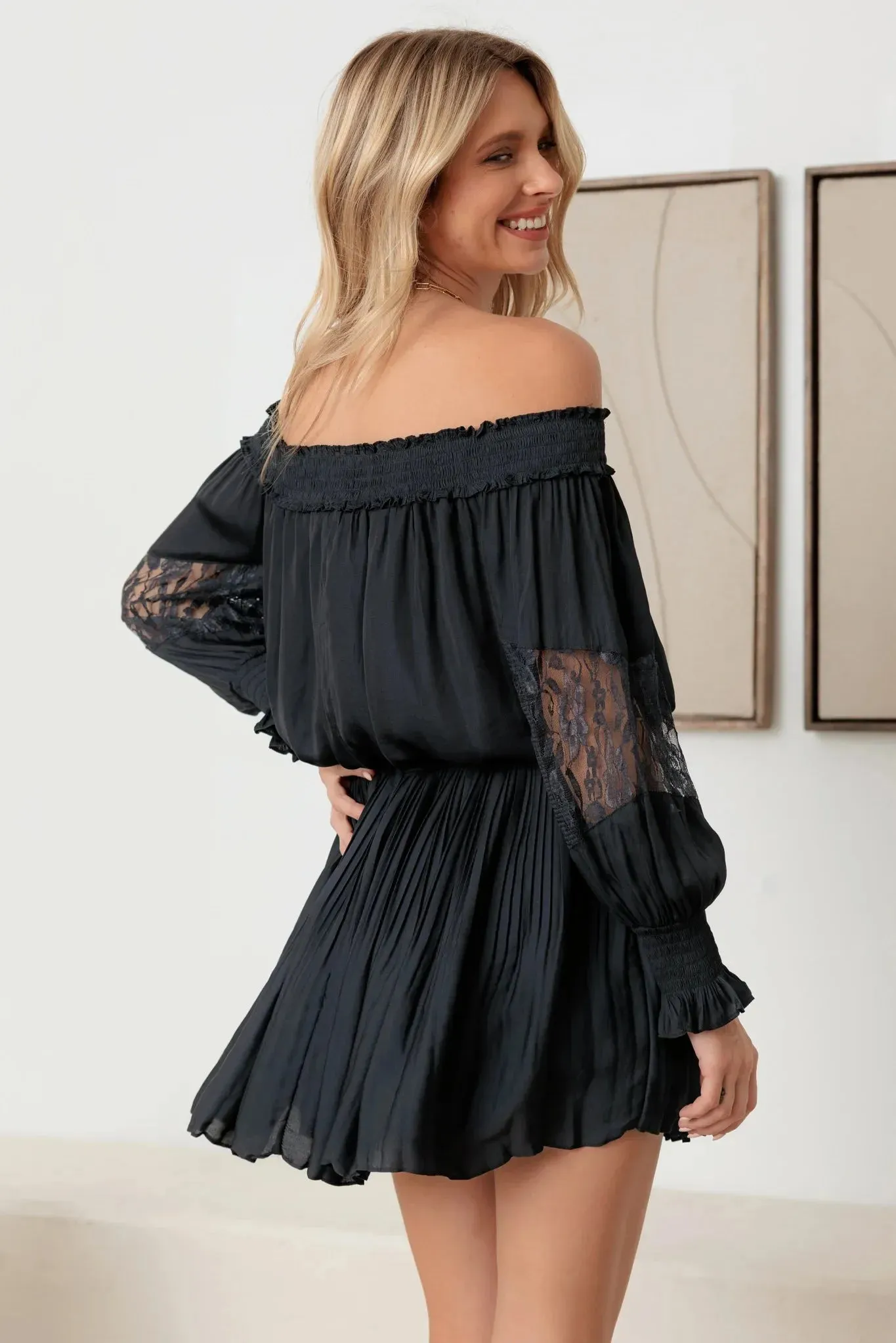 Smocked Off-Shoulder Lace Sleeve Mini Dress