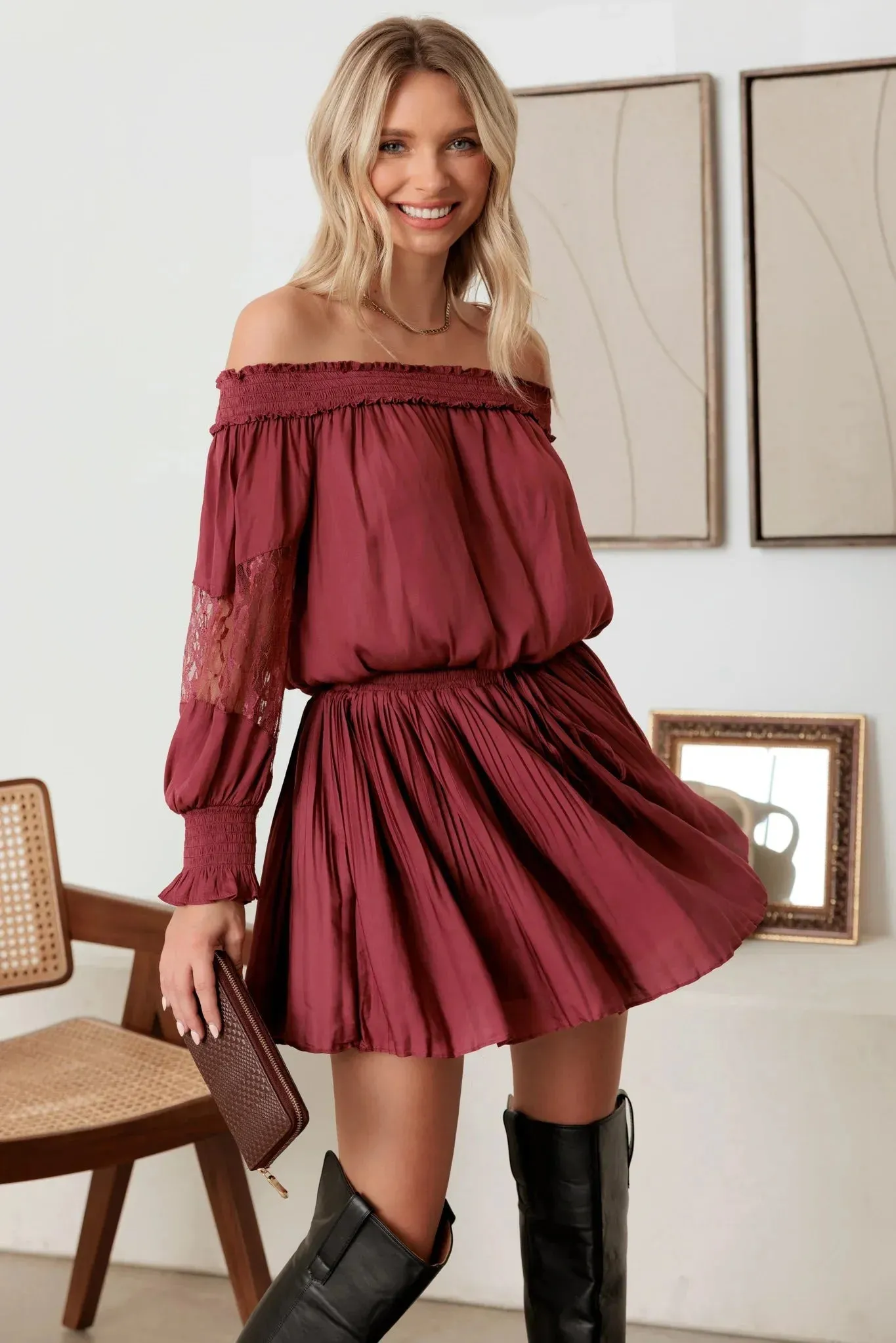 Smocked Off-Shoulder Lace Sleeve Mini Dress