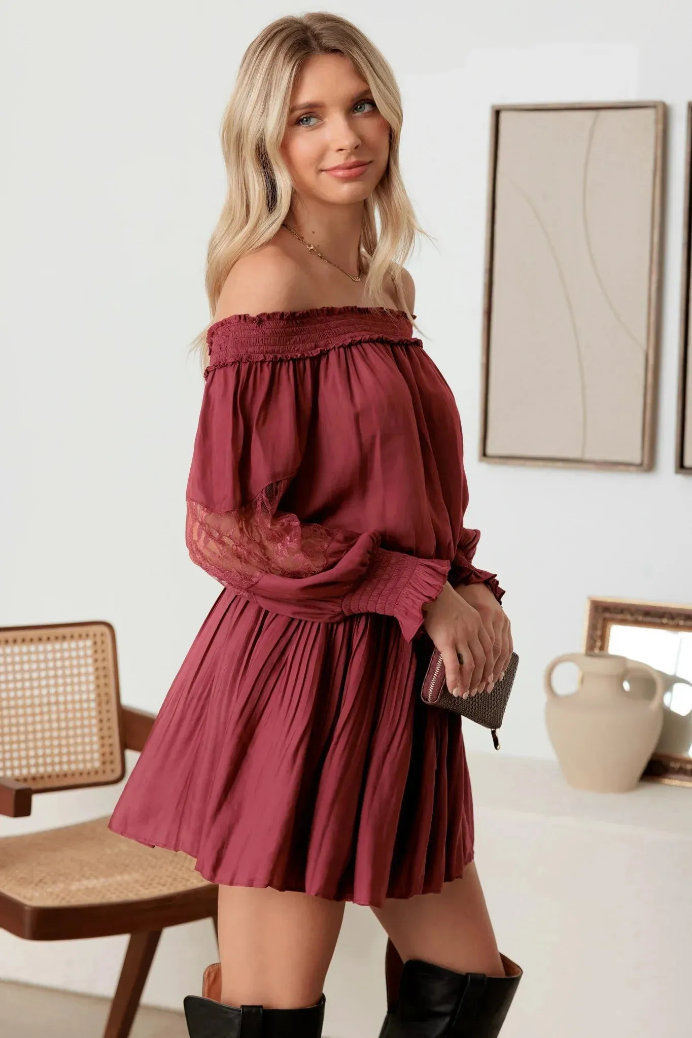 Smocked Off-Shoulder Lace Sleeve Mini Dress