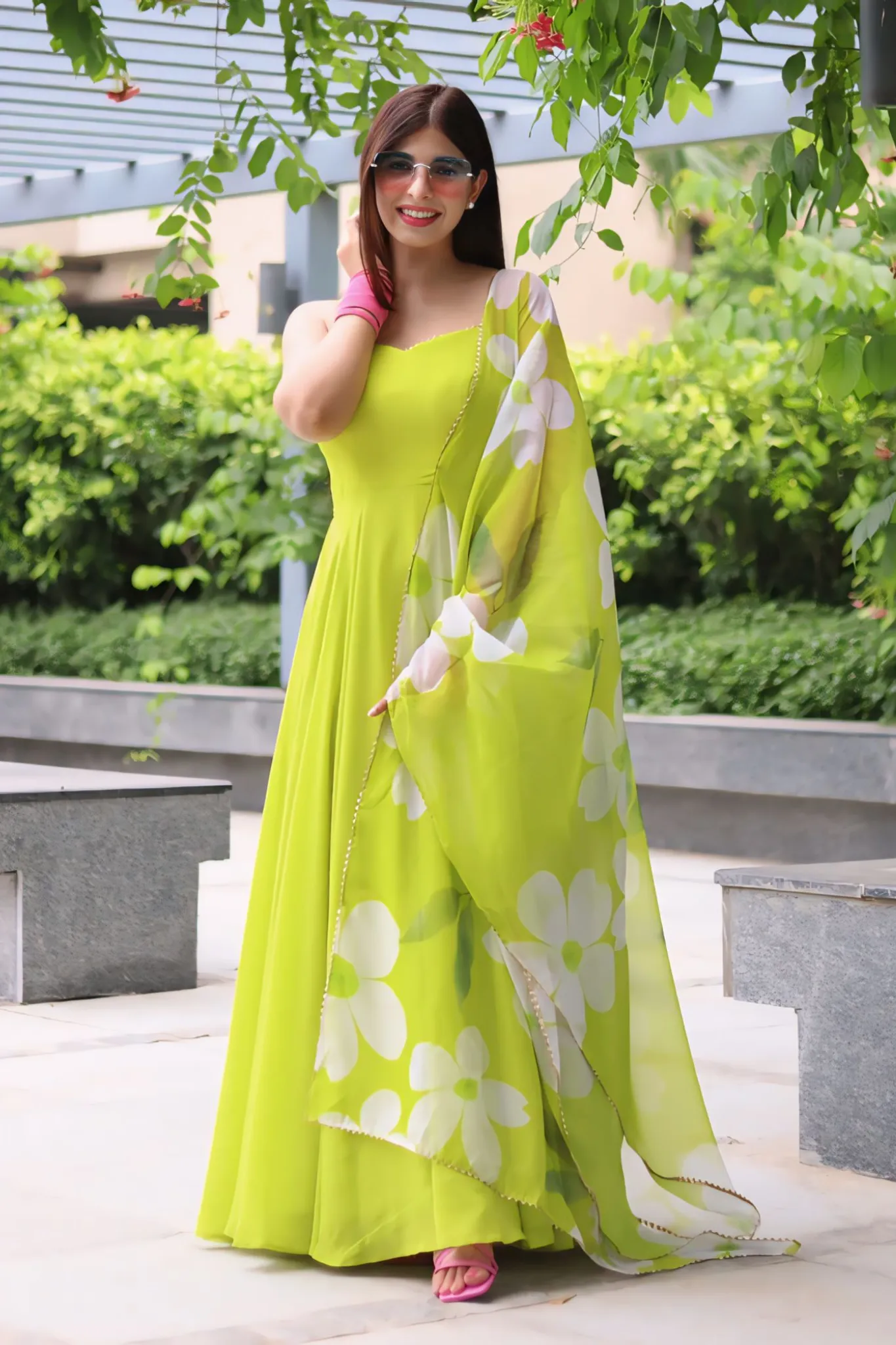 SOFT ANARKALI GOWN WITH FLORAL PRINTED DUPATTA