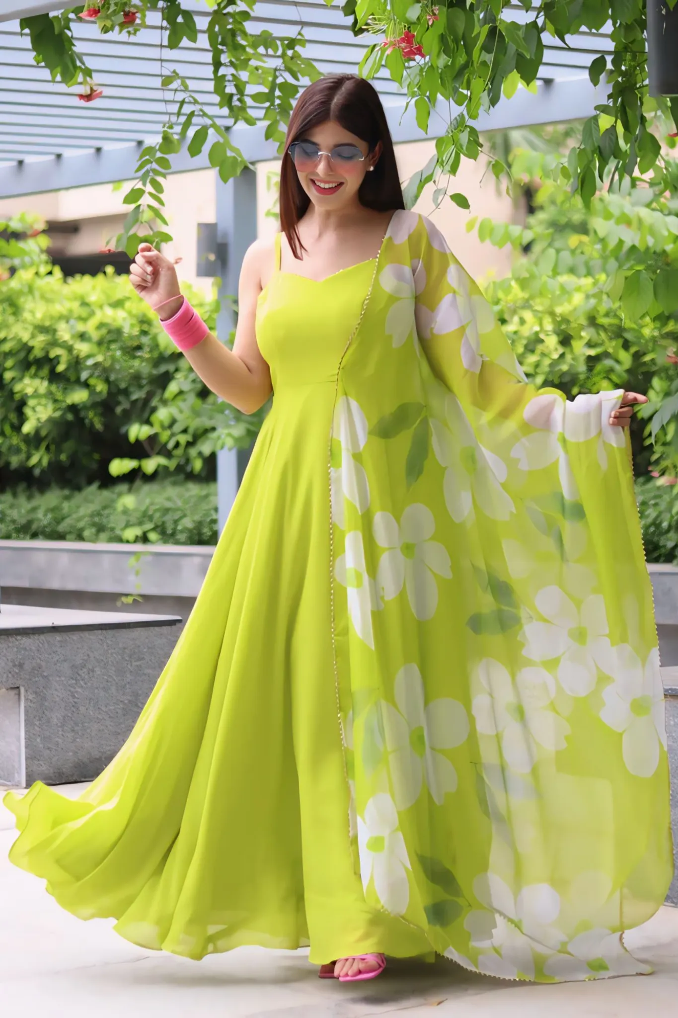 SOFT ANARKALI GOWN WITH FLORAL PRINTED DUPATTA