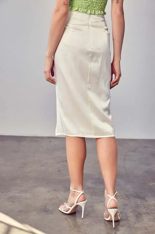 Solid Side Gathered Slit Midi Skirt