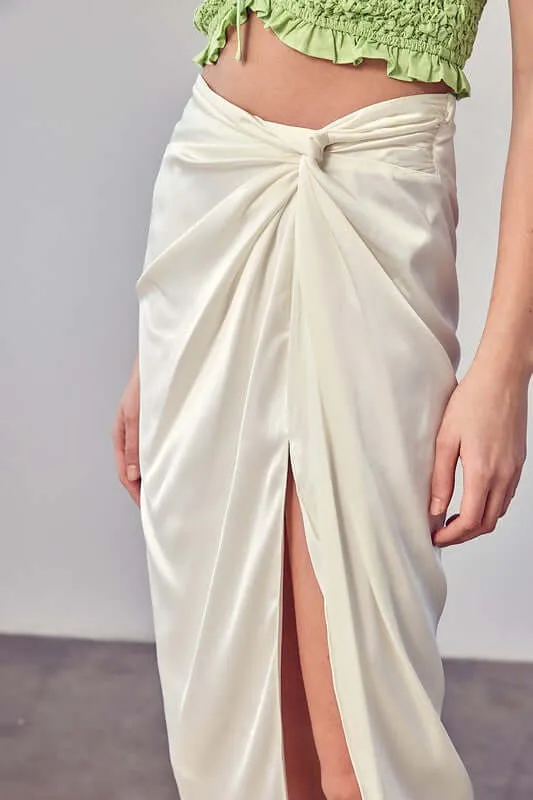 Solid Side Gathered Slit Midi Skirt