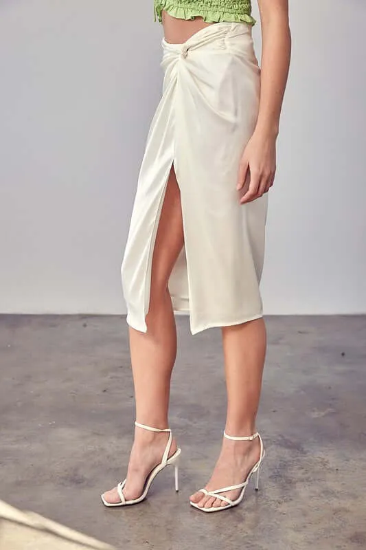 Solid Side Gathered Slit Midi Skirt