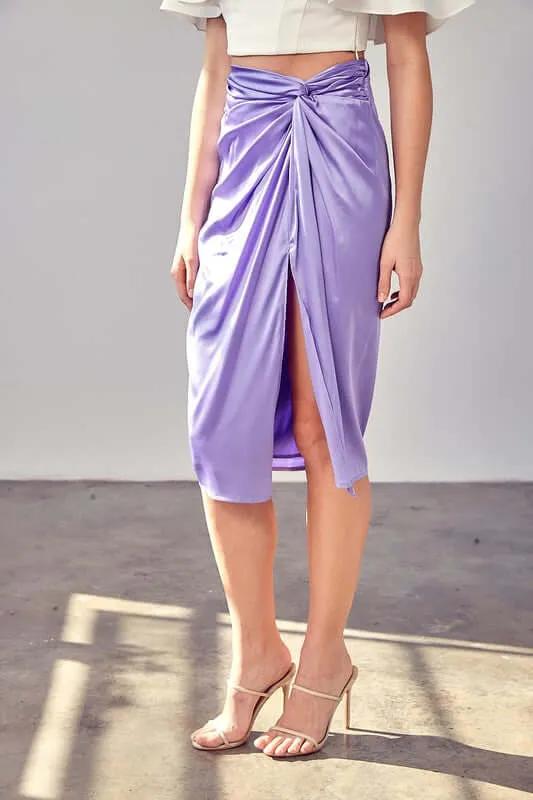 Solid Side Gathered Slit Midi Skirt