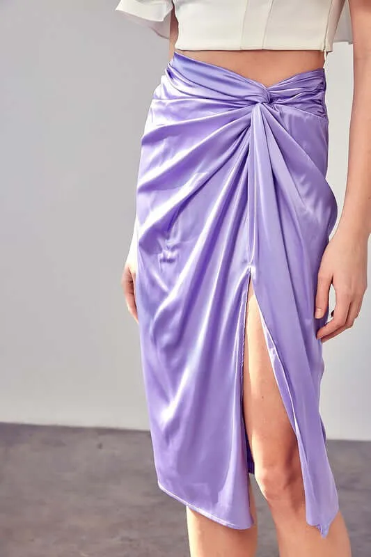 Solid Side Gathered Slit Midi Skirt