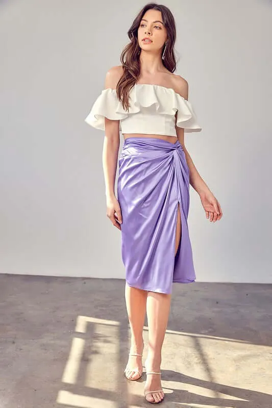 Solid Side Gathered Slit Midi Skirt