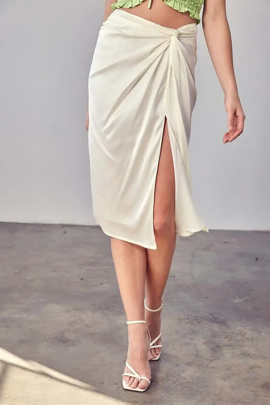 Solid Side Gathered Slit Midi Skirt