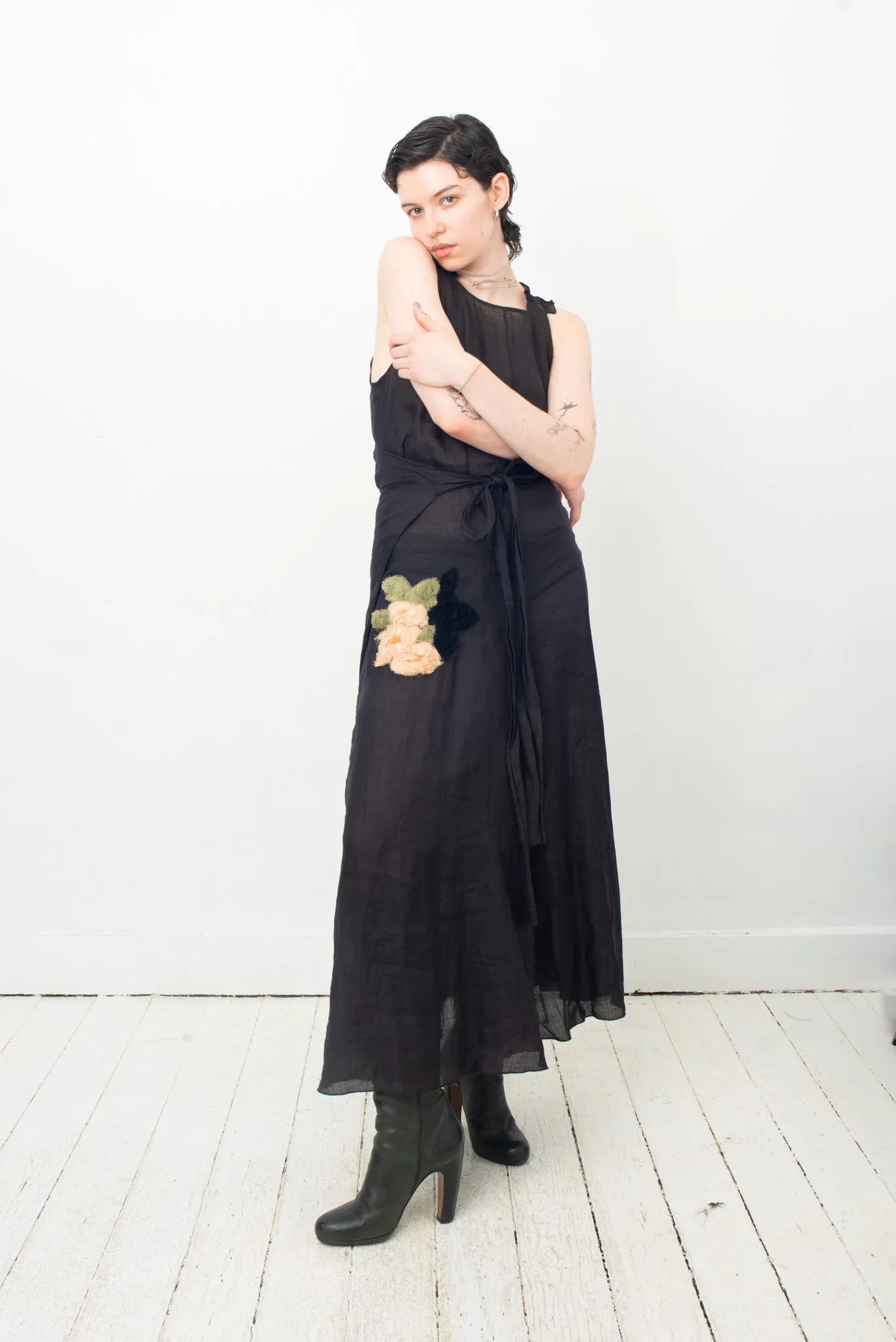 Sonia Rykiel 2010's linen maxi wrap dress with flower detail