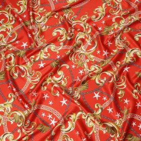 South Korean Silk Satin Jacquard Fabric with Baroque and Star Design on Vibrant Red Background – 150 cm Width-D20340