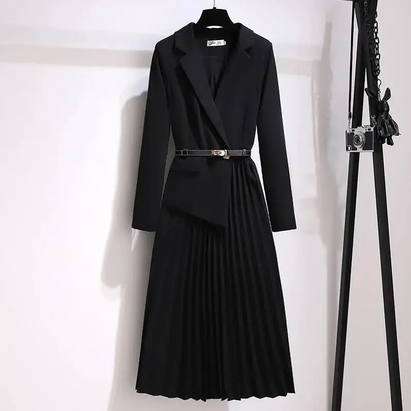 Spring Autumn Elegant Fashion Fake Two Pieces Pleated Dress Women Long Sleeve Blazer Vestido Office Lady Vocation Waist Robes