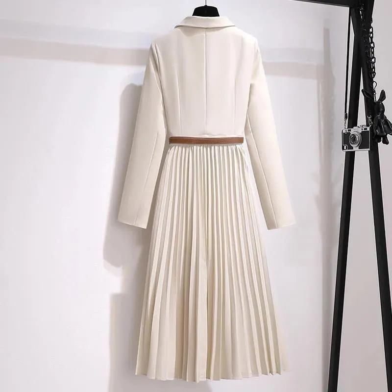 Spring Autumn Elegant Fashion Fake Two Pieces Pleated Dress Women Long Sleeve Blazer Vestido Office Lady Vocation Waist Robes