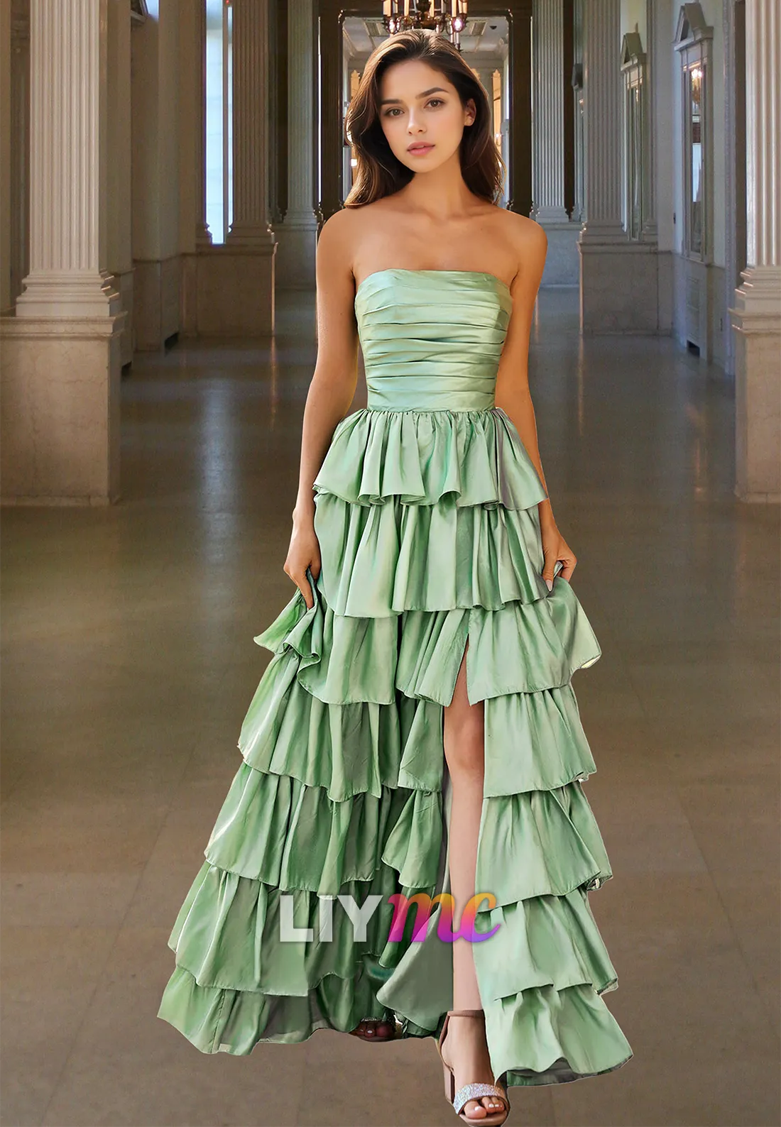 Straight Across Sleeveless Pleated Tiered A-Line Prom Dress