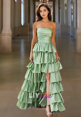 Straight Across Sleeveless Pleated Tiered A-Line Prom Dress