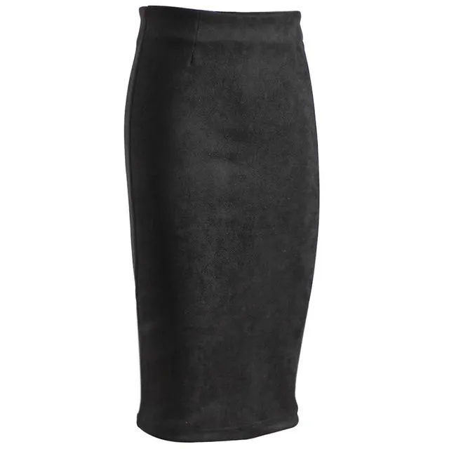 Super Deals Fashion Women Suede Solid Color Pencil Skirt Female Spring Autumn Basic High Waist Bodycon Split Knee Length Skirts