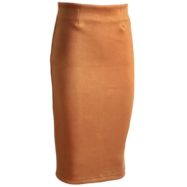 Super Deals Fashion Women Suede Solid Color Pencil Skirt Female Spring Autumn Basic High Waist Bodycon Split Knee Length Skirts