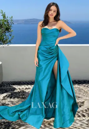 Sweetheart Sleeveless Pleated Party Gowns Off-Shoulder Train Mermaid Prom Dress with High Slit