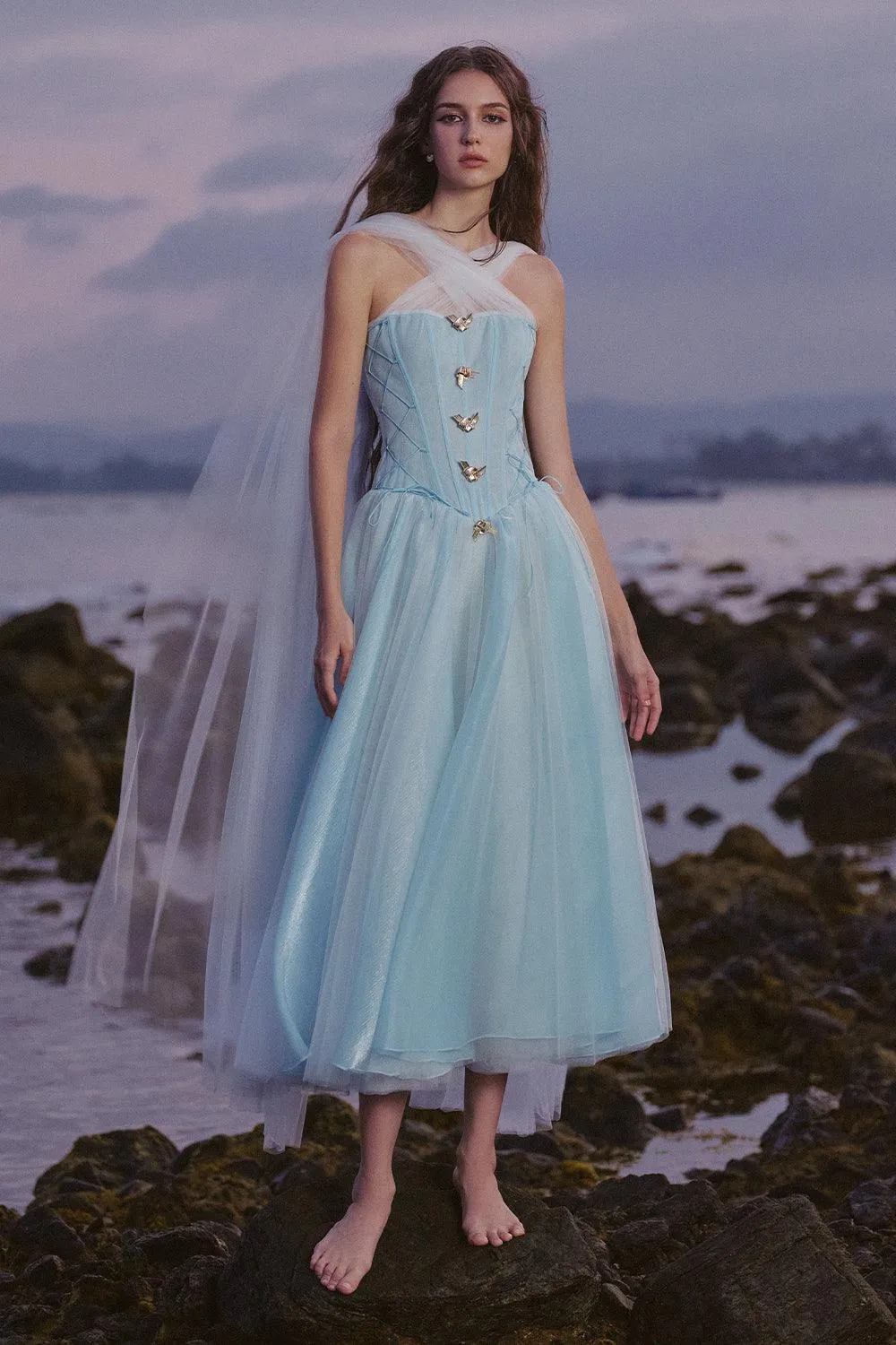 The Ocean Fit and Flare Corset Waist Chiffon Midi Dress