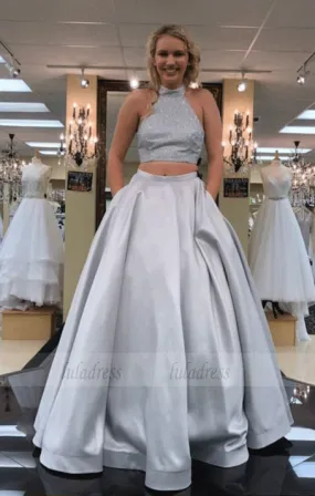 Two Piece High Low Silver Long Prom Ball Gown