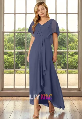 V-Neck Short Sleeves Chiffon Ruffled Long Mother of Bride Dress