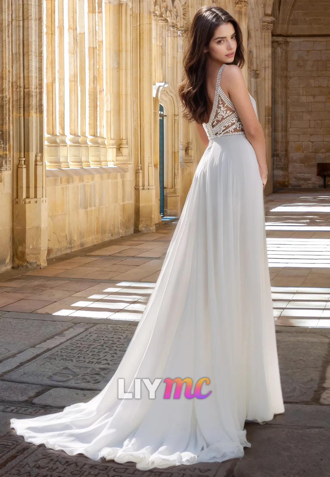 V-Neck Sleeveless Appliques Chiffon A-Line Beach Wedding Dress