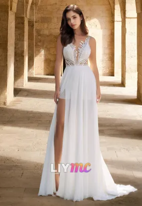 V-Neck Sleeveless Appliques Chiffon A-Line Beach Wedding Dress