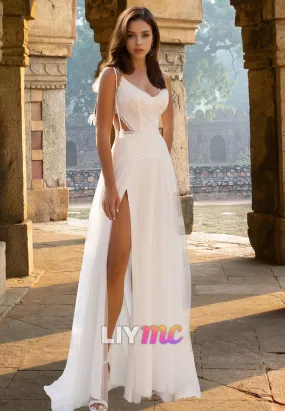 V-Neck Spaghetti Straps Appliques Chiffon A-Line Beach Wedding Dress