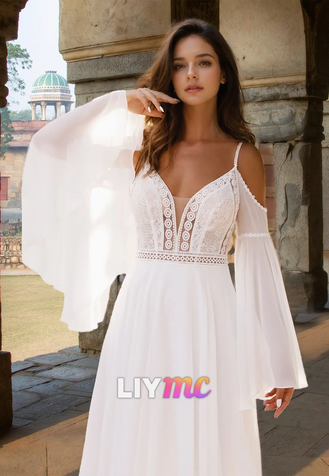 V-Neck Spaghetti Straps Chiffon A-Linee Boho Wedding Dress